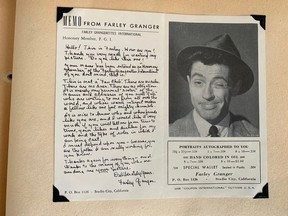 A memo by Farley Granger, from Joan Moore's collection of 1950s Hollywood promotional photos and autographs.