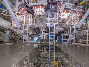 The Target Chamber of the National Ignition Facility is seen at the Lawrence Livermore National Laboratory in Livermore, Calif., in an undated handout image. A service system lift allows technicians to access the Target Chamber's interior for inspection and maintenance.