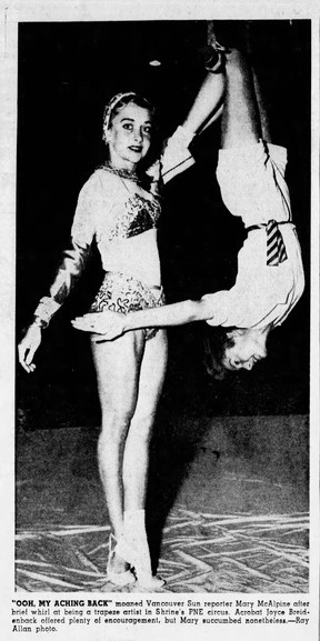 Mary McAlpine (right) poses upside down on a trapeze in the Aug, 27, 1956 Vancouver Sun.