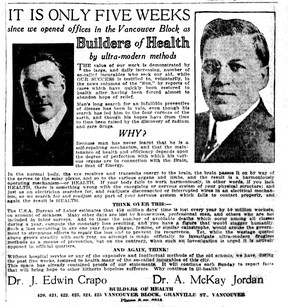 Ad for Dr. J. Edwin Crapo and his colleague Dr. A. McKay Jordan in the Dec. 25, 1921 Vancouver Sun.
