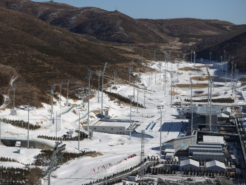 A general view of the National Cross Country Center is seen during the media walk through day, ahead of the Beijing Winter Olympics on January 15, 2022 in Zhangjiakou, China. Artificial snow has become a Winter Olympics fixture as climate change shrinks the number of countries that get enough natural snowfall to hold the event. But Beijing will be the first host to rely completely on man-made powder.