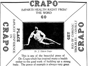 Excerpt from an ad for Dr. J. Edwin Crapo in the May 21, 1922 Vancouver Sun. Dr. Crapo  was a bodybuilder who became an artist’s model and vaudevillian before he finally found his true calling as a chiropractor.