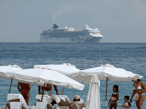 The Norwegian Pearl cruise ship anchored off shore on January 07, 2022 in Miami Beach, Florida.