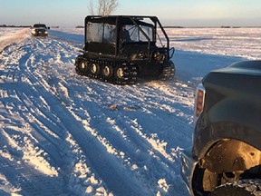 RCMP officers are shown near the town of Emerson, Manitoba on Wednesday Jan. 19, 2022.