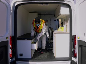 Saada Mohammed works in Fraser Health's new mobile overdose prevention site van, to be parked daily by a large homeless camp in Abbotsford.