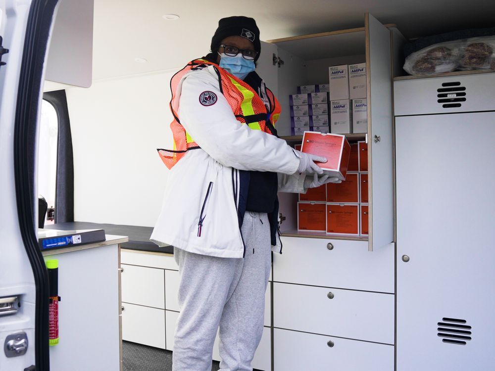  Saada Mohammed works in Fraser Health’s new mobile overdose prevention site van, to be parked daily by a large homeless camp in Abbotsford. Photo courtesy of Fraser Health Authority.