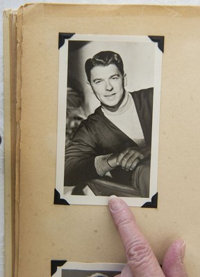 Joan Moore with her picture of Ronald Reagan.