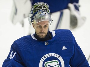 Jaroslav Halak (#41) at the 2021-22 Canucks training camp in September 2021. Halak was supposed to start against the Carolina Hurricanes on Saturday but he was pulled last minute after testing positive for COVID-19.