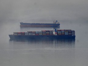 Container ships through the fog as seen from Cypress Bowl Road.