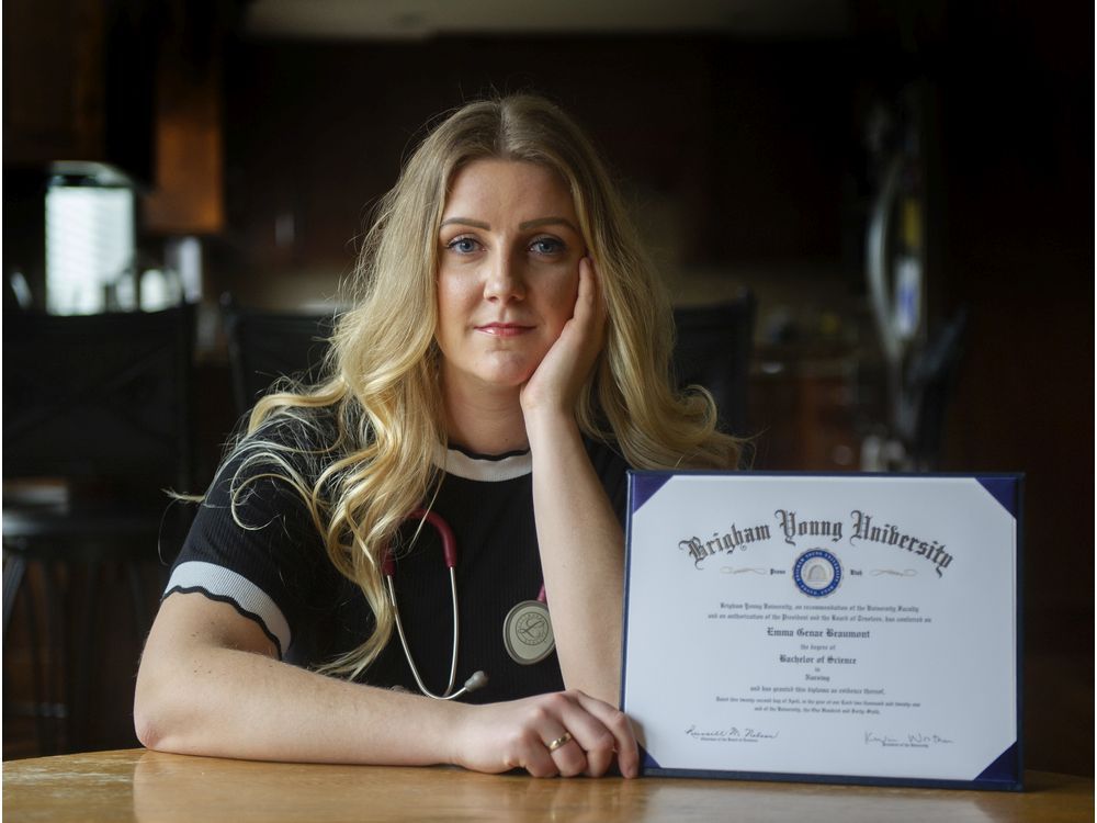 American-trained Emma Beaumont has been waiting at home in Abbotsford for six months for Canada's National Nursing Assessment Service to approve her credentials.