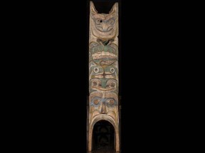 The totem was taken from the Nuxalk homeland on South Bentinck (Talleomy) when people were forced to relocate after a smallpox epidemic around 1900.