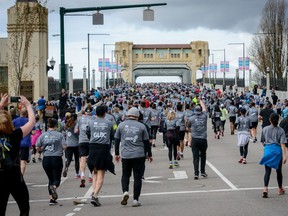 Participants in the Sun Run take on the Burrard Bridge in 2019.
