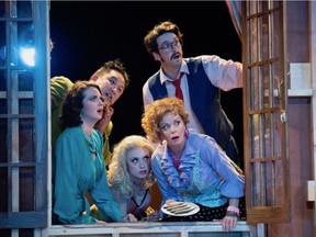 Emma Slipp, Jovanni Sy, Tess Degenstein, Colleen Winton, and Charlie Gallant star in the comedy Noises Off at the Massey Theatre Feb. 15-27.
