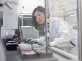 An Abcellera scientist prepares reagents for a high-throughput screening assay.