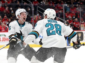 Former Canucks prospect Jonathan Dahlen (left) has 11 goals and nine assists in 40 games for the San Jose Sharks in this, his rookie NHL season.