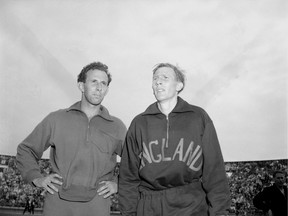 John Landy (L) and Roger Bannister together at Empire Stadium in 1954.