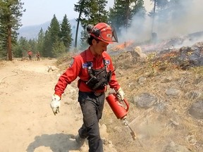 A B.C. Wildfire Service crew member using a drip torch during a small hand ignition on the Thomas Creek wildfire in 2021.