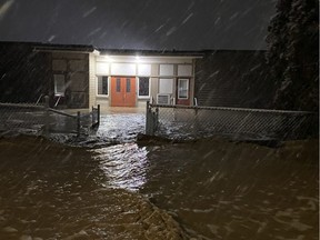 Floodwater levels on the evening of Nov. 15, 2021 at the Merritt Central Elementary School.