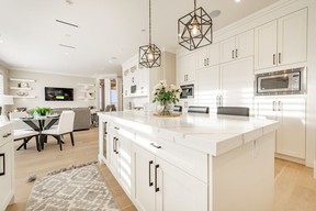 Green decor accents on display in kitchen and family room.