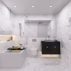 1289 Nicola's bathrooms will boast luxe features like an LED-lit wall-to-wall niche that provides a ledge for shampoos and soaps and porcelain tiles imported from Spain.
