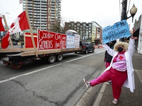 Scenes from duelling protests in Vancouver Saturday. One was in support of the truck convoy in Ottawa protesting vaccine mandates while the other was a counter demonstration to try and stop the convoy from driving past and disturbing the peace at hospitals.