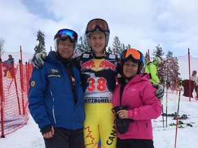 B.C.'s own Brodie Seger made his Olympic debut in the men's downhill Sunday at the Yanqing Alpine Skiing Centre course during the 2022 Beijing Olympics. Seger, 26, is pictured in this handout photo with parents Mark and Patricia.