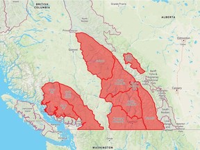 Avalanche Canada and Parks Canada are warning backcountry users to be careful, citing possible avalanche conditions in the coming days. The warning is in effect beginning immediately until the end of Sunday, Feb. 13 and applies to the areas indicated on this map.