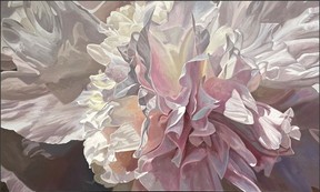 James Wiens' oil painting Peony Explosion is part of his floral exhibition at Kurbatoff Art Gallery.