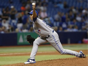 Jeff Francis of the Toronto Blue Jays pitches against the Tampa Bay Rays on April 24, 2015. at Tropicana Field in St. Petersburg, Fla.