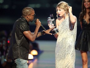 Awkward! Kanye West interrupting Taylor Swift's acceptance speech after she won the "Best Female Video" award during the 2009 MTV Video Music Awards at Radio City Music Hall on Sept. 13, 2009 in New York City.