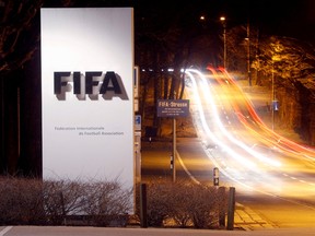 A long exposure shows FIFA's logo near its headquarters in Zurich, Switzerland February 27, 2022.