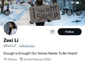 A screenshot of a fake Twitter account purporting to belong to Zexi Li, chief plaintiff in the injunction against the Ottawa convoy protesters.