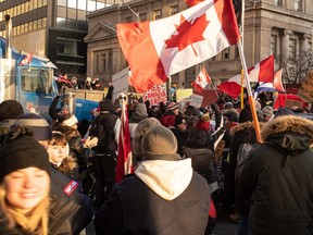 Toronto protesters at University Avenue and Bloor Street West on Saturday, February 5.