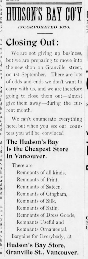 Hudson's Bay-Werbung vom 7. August 1893 in Vancouver World, die besagt, dass der Laden am 1. September in die Granville Street umziehen wird.