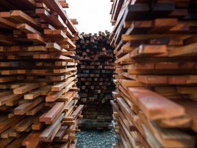 Stacks of cut lumber at a sawmill in Sooke, British Columbia, Canada, on Wednesday, Oct. 27, 2021.