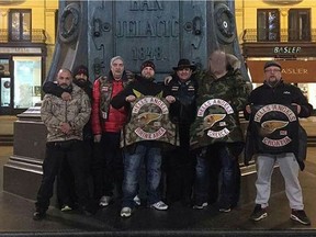 Hells Angel Damion Ryan blurred his face when he posted this shot with unidentified Hells Angels friends in Europe on his instagram account. From 2017.
