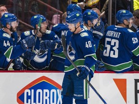 Vancouver Canucks forward Elias Pettersson celebrates his goal against the New York Islanders in the second period at Rogers Arena.