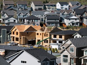 Homes under construction in a development in Langford, British Columbia.