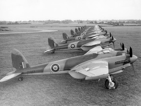 Row of Mosquito fighter-bombers lined up during the Second World War.