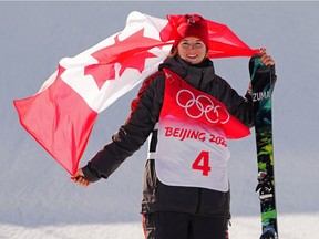 Canada's Cassie Sharpe celebrates her silver medal in the freestyle women's ski halfpipe final during the Beijing Winter Olympic Games, in Zhangjiakou, China, on Feb. 18, 2022.
