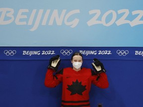 B.C.'s Micah Zandee-Hart poses during a Team Canada photo session at the Wukesong Sports Centre, Beijing, China, on Feb. 2, 2022.