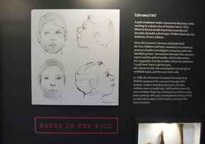 Vancouver Police Museum in Vancouver, BC Mittwoch, 10. Mai 2017. Neuere künstlerische Vorstellungen von den Kindern des Babes-in-the-Wald-Mordes.