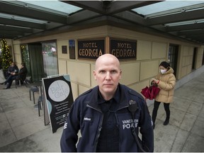 'These are incidents that defy logic and reason,” says Vancouver Police Sgt. Steve Addison, who believes random attacks are increasing. (Photo: Addison outside Rosewood Georgia Hotel, where a woman was assaulted on the sidewalk on New Year's Eve by a stranger. Feb 2, 2022)