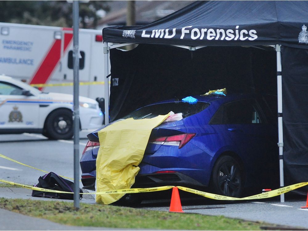 A vehicle on the 16800-block of 104 Avenue where a man was shot to death on Feb. 8, 2022. A vehicle on the 16800-block of 104 Avenue where a man was shot to death on Feb. 8, 2022.