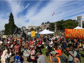 People come out to protest in Victoria as Aug. 9, 2021, is both the International Day of the World's Indigenous Peoples and the one-year milestone of the Ada'itsx/Fairy Creek ancient forest blockades.
