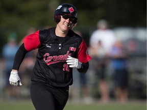 CP-Web. Canada's Kaleigh Rafter rounds second base after hitting a solo home run to end the game during fifth inning playoff action against Brazil at the Softball Americas Olympic Qualifier tournament in Surrey, B.C., on Sunday September 1, 2019.