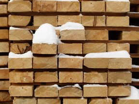 Finished lumber is seen at West Fraser Pacific Inland Resources sawmill in Smithers, British Columbia.