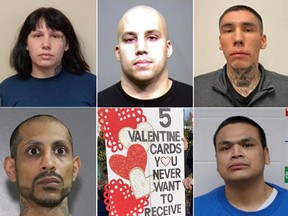 Metro Vancouver Crime Stoppers has released a list of its top five "least wanted" Valentines (clockwise from top left): Michelle Arcand, Conor D'Monte, Daniel Dumas, Jeremy Maxine George and Amardip Singh Rai.