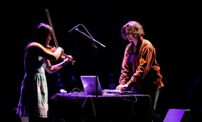 Local violin/electronics duo Sapphire Haze performed April 12 at Fox Cabaret in Music on Main's annual Emerge on Main concert.