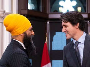This photo is actually from an inconsequential meeting that Trudeau and Singh held in 2019. But expect to see it virtually everywhere for the next little while (including on almost every conceivable piece of Conservative advertising).